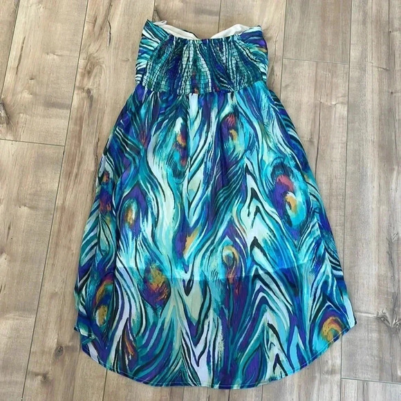 2B Bebe Strapless Sweetheart Peacock Hi-Lo Dress Sz S - Picture 6 of 10